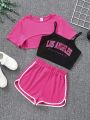 SHEIN Kids EVRYDAY Tween Girls' Knitted Solid Color Short Sleeve Top, Letter Print Tank Top, And Shorts 3pcs/set