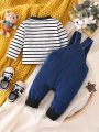 Baby Boy's Striped Long-sleeved T-shirt And Cartoon Embroidered Denim Overalls Set