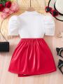 SHEIN Kids FANZEY 2pcs/Set Teen Girls' Heart Applique T-Shirt With Bow Decorated Skirt