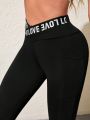 Yoga High Street Women's Waistband Pocket Letter Print Gym Leggings