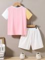 SHEIN Kids EVRYDAY Boys' Casual Round Neck Color Block Short Sleeve T-Shirt And Shorts 2pcs/Set