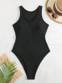 SHEIN DD+ Women's One-Piece Swimsuit With Front Zipper And Hollow Out Design On Back