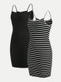 SHEIN Girls' Teen Knitted Solid Color Striped Slip Dress Two-piece Set