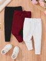 SHEIN 3pcs Infant Girls' Casual Knitted Solid Color Slim Fit Pants With Elastic Waist