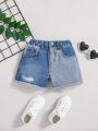 SHEIN Young Girl's New Blue Denim Shorts With Distressed Details And Color Block Design