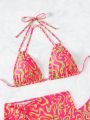 SHEIN Swim Y2GLAM Marble Print Bikini Swimsuit Set + Drawstring Beach Skirt