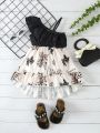 Baby Girls' Cross V-Neck Butterfly Knot Printed Spliced Ruffled Strap Dress