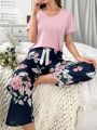 Floral Print Short Sleeve Long Pants Pajama Set