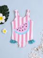 SHEIN Baby Girl Casual Striped Watermelon Color Block Sleeveless Swimsuit Bodysuit