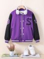 Tween Girl Letter Patched Striped Trim Colorblock Varsity Jacket Without Tee