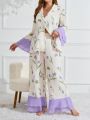 Tulip Print Plus Size Women'S Long Sleeve Pajama Set