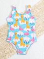 Baby Girl Cartoon Giraffe & Flamingo Printed Swimsuit