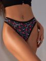 SHEIN Women'S Heart Print Lace Trim Thong Panties