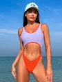 SHEIN Swim SPRTY Women'S One-Piece Colorblock Swimsuit With Cut-Out Design