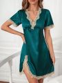 Contrast Lace Split Thigh Satin Nightdress