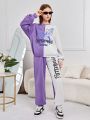 Teen Girl Letter & Butterfly Print Two Tone Drop Shoulder Sweatshirt & Sweatpants