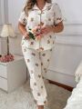 Plus Size Bear Printed Lapel Collar Pajama Set