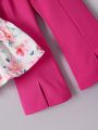 SHEIN Kids QTFun Toddler Girls' Floral Pattern Square Neck Blouse With Flared Pants Set