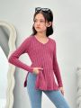 SHEIN Kids HYPEME Teenage Girls' Casual Knitted Solid Color Round Neck Long Sleeve Top For Street Style