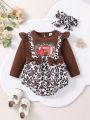 Infant Baby Girls' Brown Color Leopard Print Spliced Romper With Headband, Football Pattern Embellished