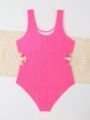 Big Girls' One-piece Swimsuit With Special Fabric And Hollow Out Waist Design