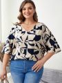 EMERY ROSE Plus Size Abstract Printed V-neck Half Sleeve Shirt