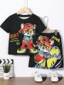 SHEIN Kids QTFun Toddler Boys' Cute Loose Fit Cartoon Pattern Round Neck Short Sleeve Top And Shorts Set