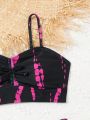 Girls' Tie-dye Print Bikini Set With Bow Decorations, Summer