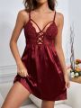 Lace Panel O-ring Cut Out Satin Cami Nightdress