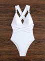 SHEIN Swim Chicsea Women's Solid Color One-piece Swimsuit With Crossed Waist Design