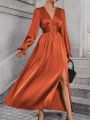 Flounce Sleeve Split Thigh Satin Dress