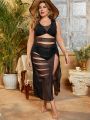 SHEIN Swim Chicsea Women's Plus Size Mesh Patchwork Sheer Hollow Out Split Cover Up