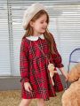 SHEIN Kids QTFun Young Girl Tartan Print Peter Pan Collar Flounce Sleeve Dress