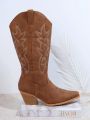 Embroidery Detail Chunky Heeled Western Boots