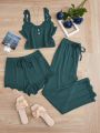 Women's Lace Trimmed Camisole & Tie Waist Shorts & Pants Sleepwear Set