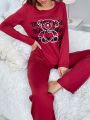 2pcs/set Letter Printed Bear Motif T-shirt And Plain Pants Pajamas Set