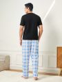 Men's Round Neck Black Short Sleeve Grid Print Long Pants Homewear Set