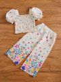 SHEIN Kids SUNSHNE Toddler Girls Floral Print Puff Sleeve Top & Pants