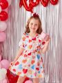 SHEIN Kids QTFun Little Girls' Heart Print Patchwork Ruffle Hem Short Sleeve Dress