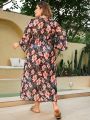 SHEIN Swim Classy Plus Size Women'S Full Printed Flower Pattern Waist Tie Kimono Robe