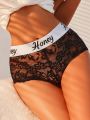 SHEIN 3pcs Letter Tape Waist Lace Boyshorts