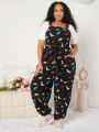 SHEIN CURVE+ Plus Size Dinosaur Print Suspender Pants With Slanted Pocket