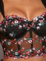 LOVING U Floral Embroidered Sheer Bustier Top