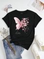 Plus Size Women'S Butterfly Graphic Short Sleeve Crewneck T-Shirt With Slogan