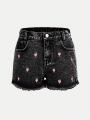 SHEIN Tween Girls' Washed Casual Fashionable Heart Embroidered Denim Shorts