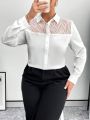 SHEIN Privé Plus Size Women's Mesh Patchwork Long Sleeve Shirt