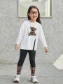 SHEIN Kids KDOMO Toddler Girls' Loose Fit Casual Round Neck Pullover T-shirt And Long Pants Set With Little Bear Pattern