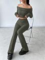 Women's Off Shoulder Ribbed Top And Pants Two-piece Set