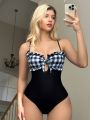 SHEIN Swim Mod Gingham Panel Front-Tie Bandeau One-Piece Swimsuit