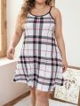 Plus Plaid Print Contrast Binding Cami Nightdress